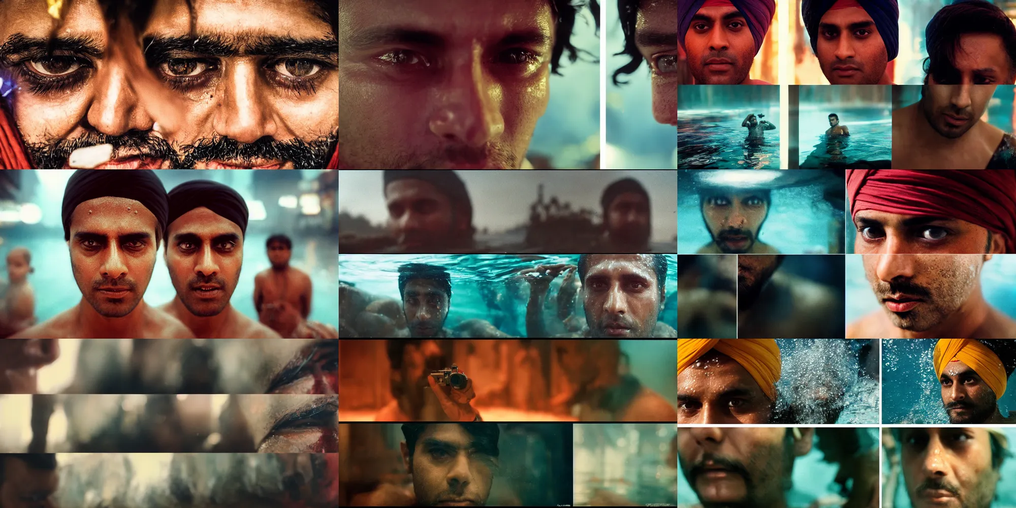 Prompt: Kodak portra 160, 4K, split screen, extreme closeup portrait: famous indian sikh in low budget blade runner movie remake, underwater scene