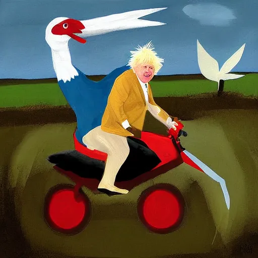 Image similar to boris johnson riding a veloceraptor, painting