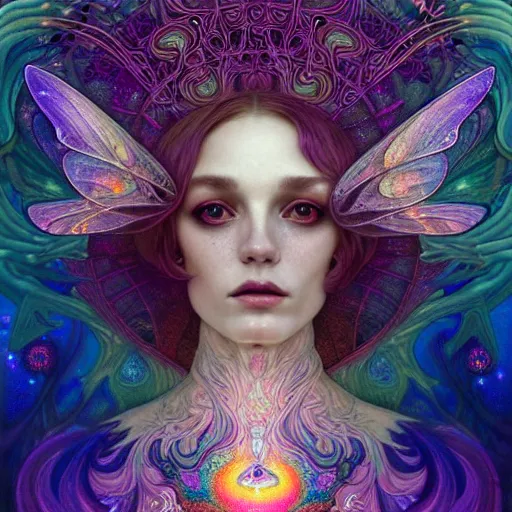 Image similar to An extremely psychedelic crystalline soul fairy, surreal, dramatic lighting, magic mushrooms, psilocybin, LSD, face, detailed, intricate, elegant, lithe, highly detailed, digital painting, artstation, concept art, smooth, sharp focus, illustration, art by Krenz Cushart and Artem Demura and alphonse mucha