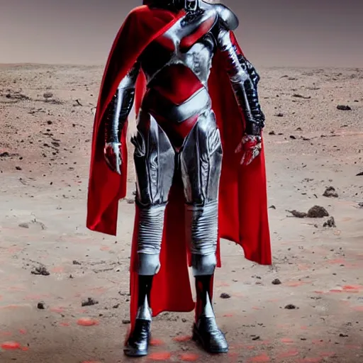 Image similar to a tall muscular soldier, wearing blood - spattered glossy sleek white dinged scuffed armor and a long torn red cape, heroic posture, determined expression, gritty, no helmet, on the surface of mars, dramatic lighting, cinematic, sci - fi, hyperrealistic, detailed