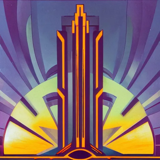 Prompt: logo of large tower in - front of an futuristic glass city, symmetrical, washed out color, centered, art deco, 1 9 5 0's futuristic, glowing highlights, peaceful