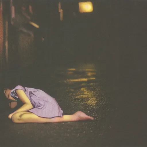 Image similar to 1990s perfect 8K HD professional cinematic photo of close-up japanese schoolgirl sleeping on ground in dystopian alleyway with neon signs, at evening during rain, at instagram, Behance, Adobe Lightroom, with instagram filters, depth of field, taken with polaroid kodak portra