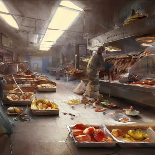 Prompt: low angle view of a butcher working, artwork by craig mullins, high details, octane, unreal engine, from below, worms - eye - view