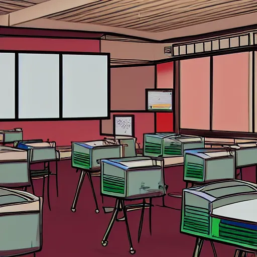 Prompt: a japanese high school classroom, artstation, deviantart, highly detailed, whiteboard, kanji, picturesque, visual novel, calming