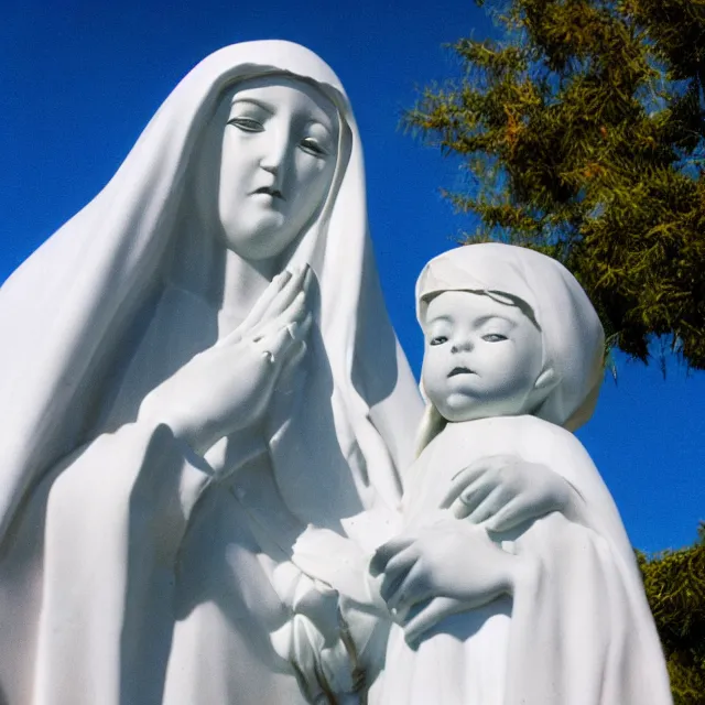 Prompt: closeup of white mother mary statue crying, pictured slightly from below, clear sky with blue clouds in background, vintage polaroid