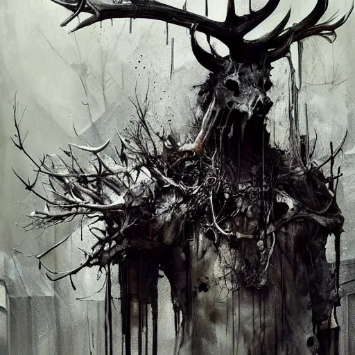 Image similar to leshen with deer skull deer antlers by emil melmoth zdzislaw belsinki craig mullins yoji shinkawa realistic render ominous detailed photo atmospheric by jeremy mann francis bacon and agnes cecile ink drips paint smears digital glitches glitchart