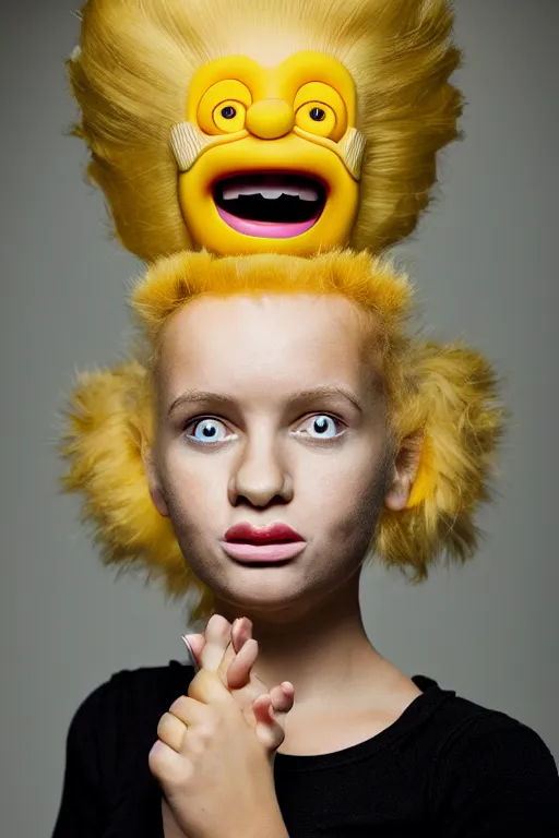 Image similar to studio portrait of girl that looks excactly like lisa simpson, lookalike, spitting image, as if lisa simpson came to life, soft light, black background, fine details, close - up, award winning photo by morten krogvold