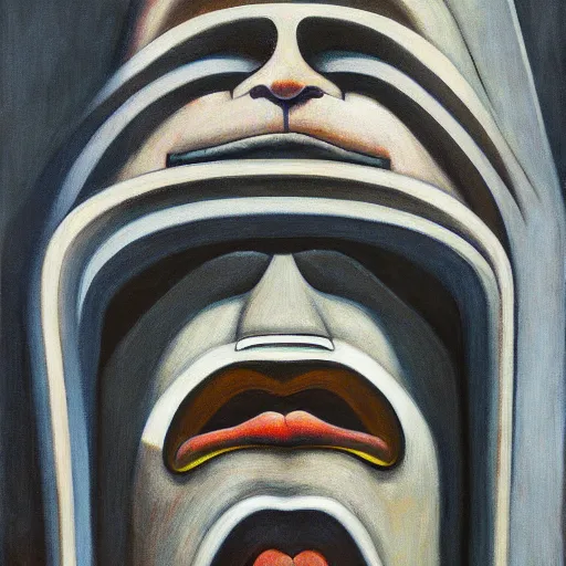 Image similar to three brutalist giant sacred robots visage, portrait, judge, cathedral, dystopian, pj crook, edward hopper, oil on canvas