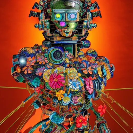 Image similar to colourful vfx art - portrait of army mecha robot wrapped in flowers & vines, art by utagawa kunisada & tadanori yokoo, volumetric light, ray tracing, sharp, detailed, digital painting, illustration, highly detailed, intricate detail, unreal engine, octane render, pinterest, behance, art station,