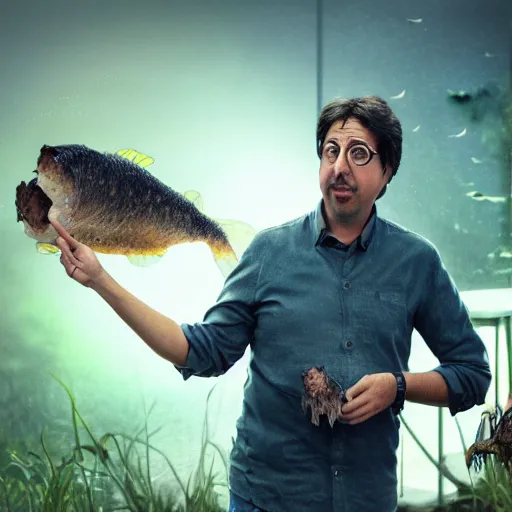 Prompt: ray romano with glasses holding a catfish in front of an aquarium, grass, macro, steampunk, nature, morning light, vibrant, artstation, highly detailed, masterpiece, art by jan urschel