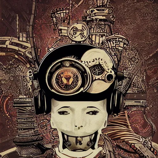 Image similar to Illustrated by Shepard Fairey and H.R. Geiger | Steampunk Mad Max with VR helmet, surrounded by cables