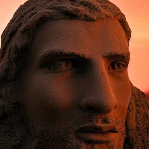 Prompt: cinematic still of a gust of wind blowing red clay sculpture of 30 year old middle eastern man head and shoulders in a human head and shoulders, strong, muscular, mysterious, fantastical, miraculous, epic, light rays, cinematic, Biblical epic directed by Steven Spielberg