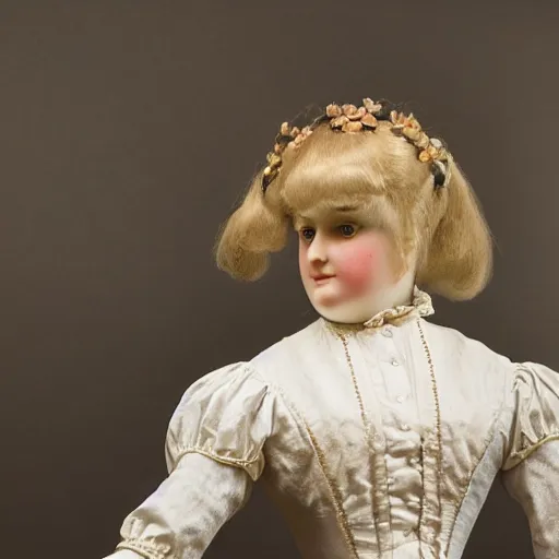 Image similar to close up portrait of a life size victorian female automaton standing with a child, 8 k, soft lighting, highly detailed realistic, face in focus 1 8 9 0's liminal