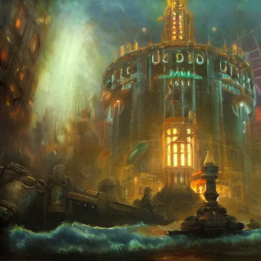 Image similar to underwater city, bioshock, highly detailed painting by gaston bussiere, craig mullins, j. c. leyendecker 8 k