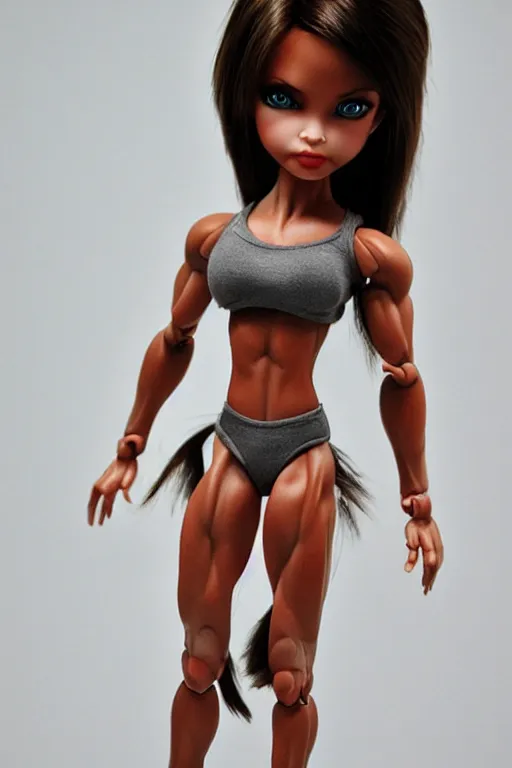 muscular bratz doll, photorealistic, highly detailed