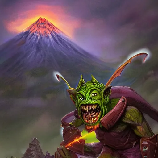 Image similar to a highly detailed goblin with dark skin and yellow eyes that glow, Like magic the gathering, goblin chainwalker, with a volcano in the background, digital art, by Christopher rush