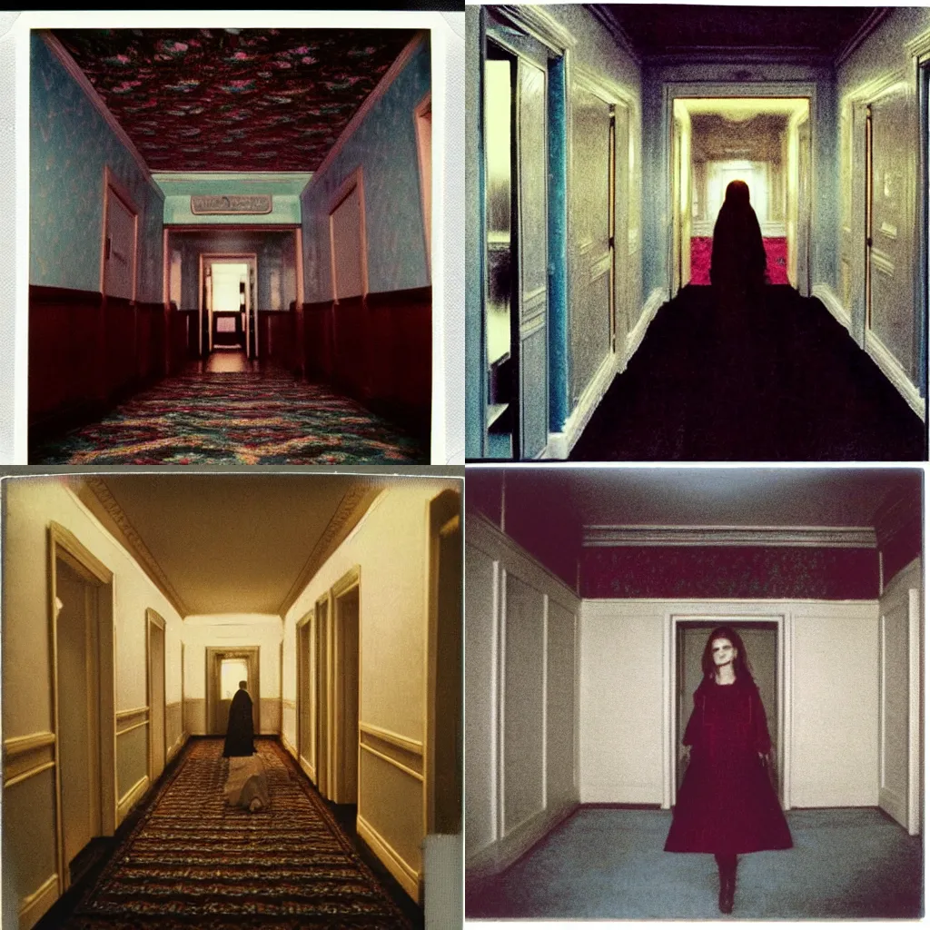 Prompt: color polaroid of Emma Watson horror film The Shining wandering in the Overlook Hotel which contains walls and carpets with intense patterns by Andrei Tarkovsky