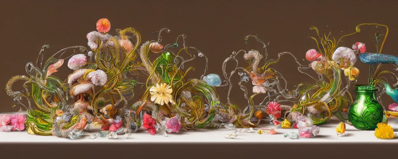 Image similar to ultradetailed photorealistic still life with jelly flowers by ernst haeckel, jan brueghel, james jean and björk, slime and tentacles, wide angle, minimalistic cinematic composition, octane render, bokeh, unreal engine, 4k, 3d render