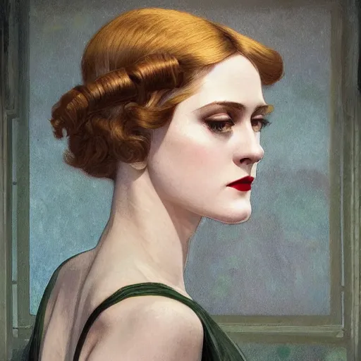 Prompt: full figure ultra realistic illustration, evan rachel wood wearing a 1 9 2 0 s flapper dress, 1 9 2 0 s hair, 1 9 2 0 s brooklyn, intricate, elegant, highly detailed, digital painting, artstation, concept art, smooth, sharp focus, illustration, art by artgerm and greg rutkowski and alphonse mucha