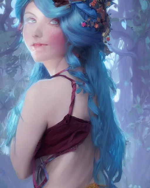 Image similar to pretty girl with blue hair dressed as alice and wonderland, digital painting, 8 k, concept art, art by wlop, artgerm, greg rutkowski and alphonse mucha