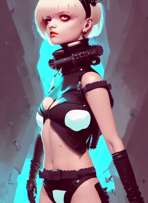 Image similar to portrait of cute goth maiden in cyber bikini armor, face by ilya kuvshinov, warhammer, cyberpunk, by atey ghailan, by greg rutkowski, by greg tocchini, by james gilleard, by joe fenton, by kaethe butcher, dynamic lighting, gradient light blue, brown, blonde cream and white color in scheme, grunge aesthetic