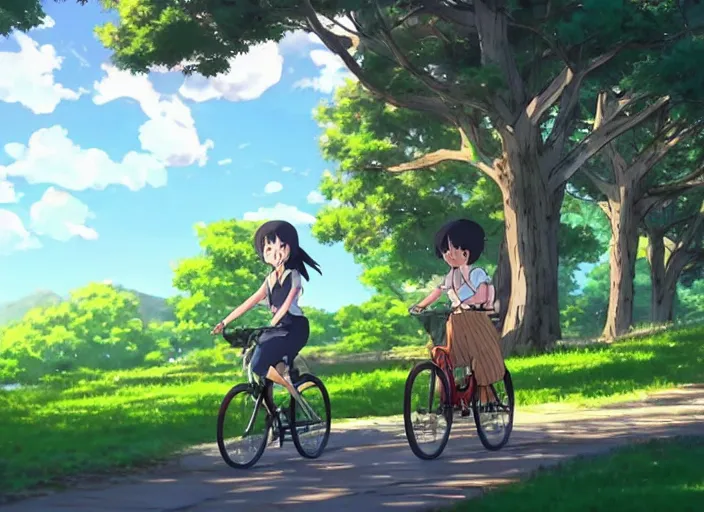 Prompt: a girl cycling along a path with her cat in a basket on the front of the bike, wide shot, peaceful and serene, incredible perspective, anime scenery by Makoto Shinkai and studio ghibli, very detailed