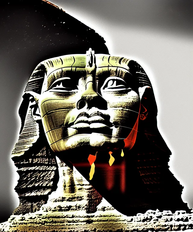 Prompt: epic professional digital art the sphinx, horrific yet beautiful vibe, evocative, atmospheric lighting, 1 9 7 0's album cover sharp focus, cinematic, masterpiece