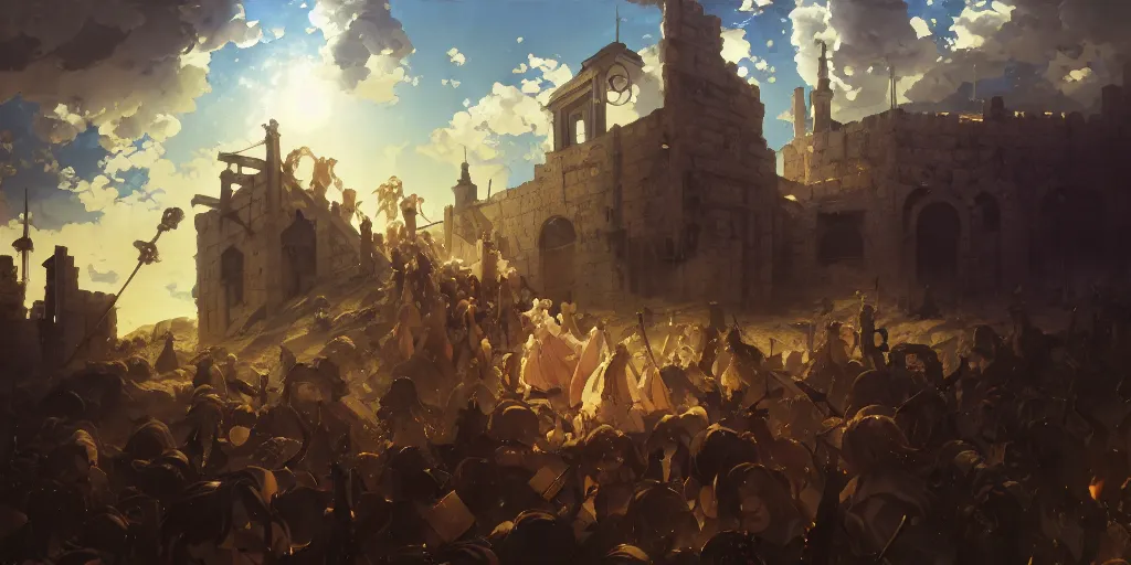 Image similar to baroque oil painting, anime key visual environment concept art, anime maids fighting a crusade in jerusalem, brutalist dark fantasy, trending pixiv fanbox, rule of thirds golden ratio, detail acrylic palette knife, illustrated by hayao miyazaki makoto shinkai jamie wyeth greg rutkowski chiho aoshima