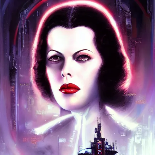 Image similar to young hedy lamarr, neuromancer, cyberpunk, high detail, dramatic light, digital art, dark, promotional art painted by seb mckinnon and greg rutkowski, trending on artstation