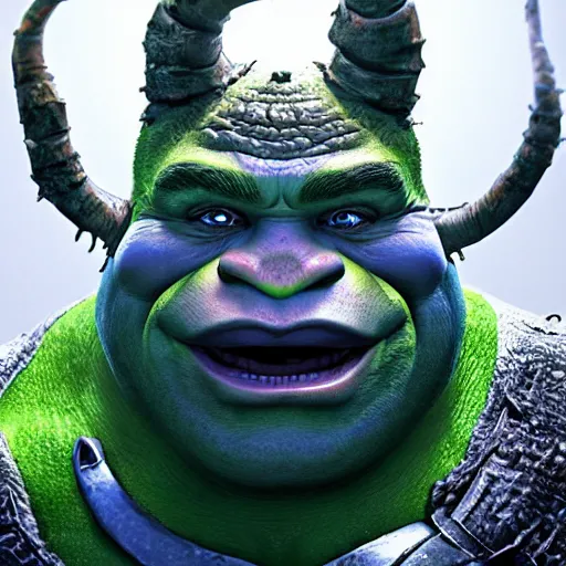 Prompt: Beautiful ultra detailed concept art painting of Shrek as a boss from Elden Ring Dark Souls game, a terrible zbrush sculp of a fearsome green ogre, unreal engine raytracing by Ross Tran, menacing pose, horns and fire