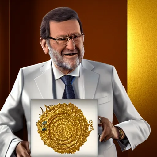 Image similar to a still of mariano rajoy surrounded by gold and diamonds, award - winning, photograph, 3 d render, unreal engine, 4 k detailed