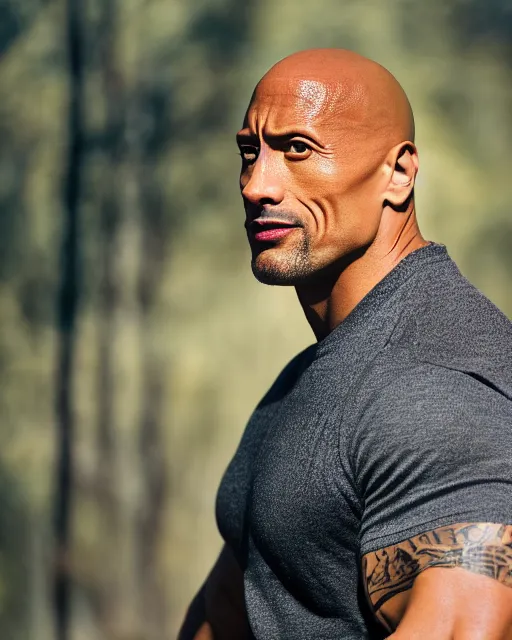 Prompt: Dwayne Johnson as a thin, scrawny man, full height portrait, bokeh, 90mm, f/1.4