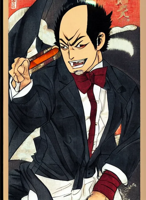 Prompt: heihachi!!!!!!! mishima dressed formally, with cigar, by keisuke itagaki, manga