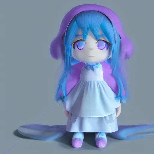 Prompt: cute fumo plush girl who glows in the dark, light blue, light propagation through dense medium, volume rendering, vray, anime girl