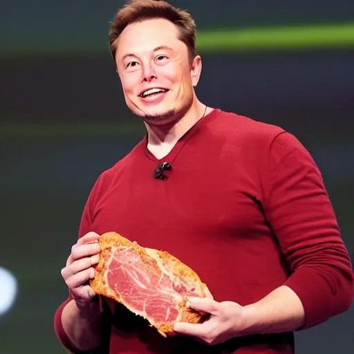 Image similar to elon musk holding a piece of meat, offering it to you