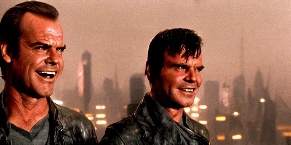 Image similar to young Jack Nicholson as Rick Deckard on blade runner 1982, smiling, looking up, the city can be seen in the background, 35mm, movie still, in color, movie frame, detailed face, symmetrical face, 4k