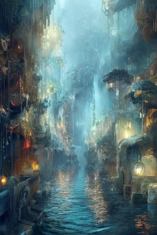 Prompt: inside the antique street of atlantis the city of water, waterfall, intricate, elegant, volumetric lighting, digital painting, highly detailed, artstation, sharp focus, illustration, concept art, ruan jia, steve mccurry