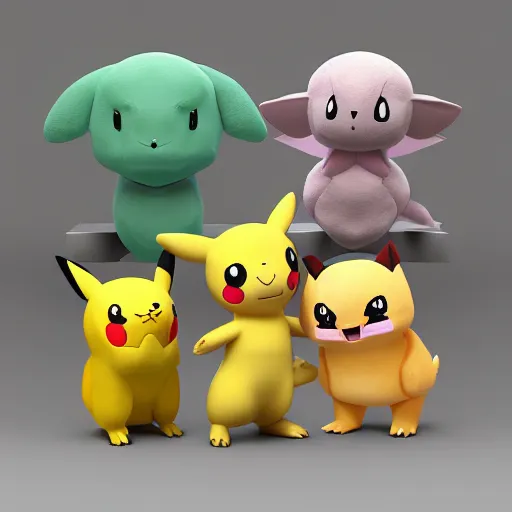 Image similar to pokemon desconocidos cutie stuffed animal friends, unreal ungine 5, octane render, cinema 4 d