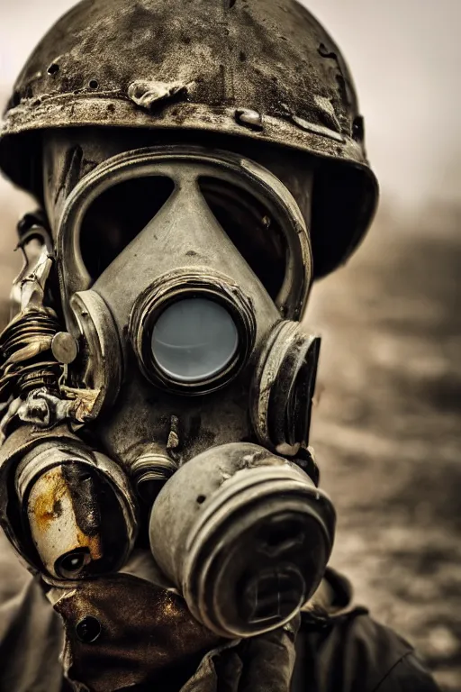 Prompt: an award winning portrait photo of a person wearing a gas mask and hard helmet, postapocalyptic, 4 k, high quality, sharp focus
