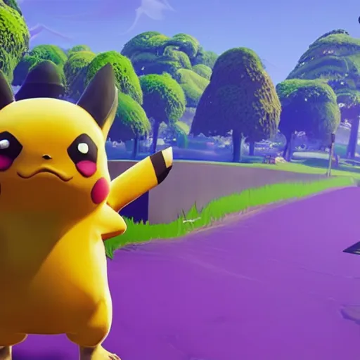 Image similar to screen shot from fortnite pikachu in fornite holding shotgun ray tracing 3 d cgsociety dramatic lighting