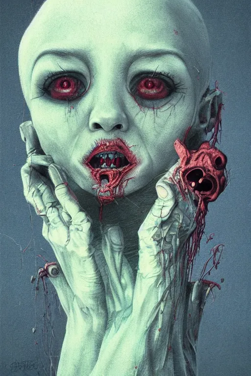 Image similar to low angle surrealism crayon cartoon grunge of a creepy horror nurse girl . intricate artwork. nightmare fuel. terrifying. by zdzisław Beksiński, wlop, dan mumford , trending on artstation, greg rutkowski very coherent symmetrical artwork. cinematic, hyper realism, high detail, octane render, 8k