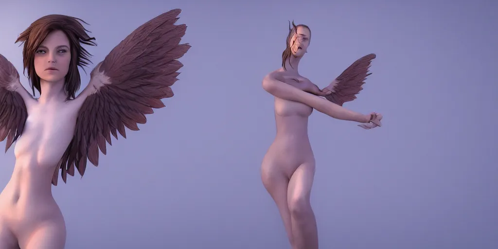 Prompt: Goosegirl render by Ryan Reos, rendered in OctaneRender at 4k for 12 hours. A girl who is part girl, part goose, centered in the render, with her wings outstretched.