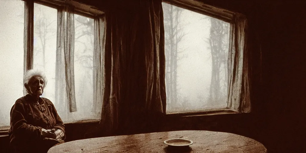 Image similar to portrait bust of old woman sitting at table, hands in pockets, looking outside, tired expression, faded color film, russian cinema, tarkovsky, technicolor, inside old cabin, next to window, heavy forest outside, long brown hair, old clothing, heavy fog, brown color palette, sunset, low light, hudson river school, 4 k, dramatic lighting