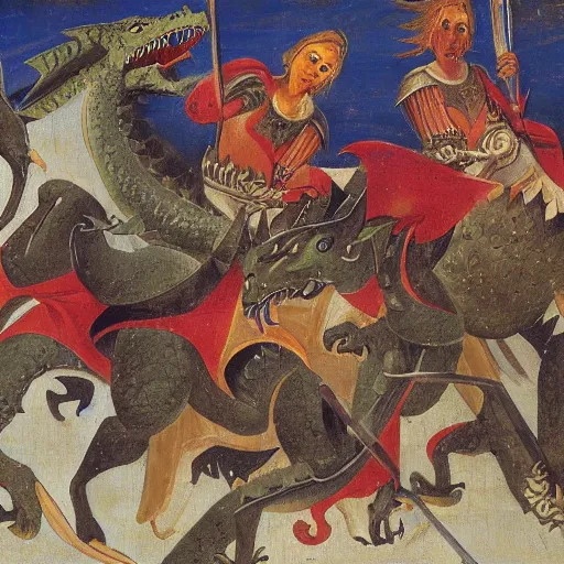 Prompt: A party of knights fighting a dragon, oil painting, 12th century