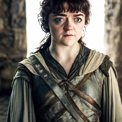 Prompt: first photos of 2 0 2 4 female lotr remake - maisie williams as frodo, ( eos 5 ds r, iso 1 0 0, f / 8, 1 / 1 2 5, 8 4 mm, postprocessed, crisp face, facial features )