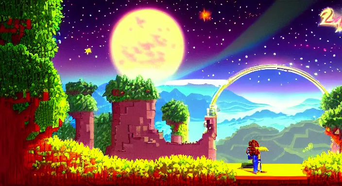 Prompt: Beauiful background level of a 2D Sega Genesis game, video game art, pixel art, concept art, starry sky, dreamy and romantic, detailed, trending on artstation