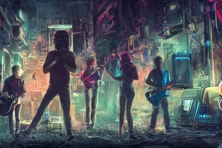 Prompt: found footage of a band in the year 3 0 0 0 s finding a new note, in liminal space, cyberpunk, film grain, dark lighting, realistic, photgraph, silent hill style, detailed cinematic lighting