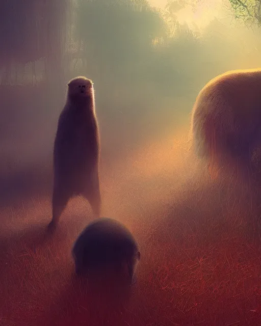 Prompt: white capybara petted by dark vader, surreal photography, volumetric light, impressionist painting, digital painting, artstation, kilian eng, john harris, bastien lecouffe - deharme, simon stalenhag