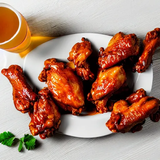 Image similar to chicken wings plate with beer on a white table, white background, photorealistic digital art