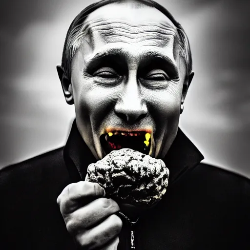 Prompt: Vladimir Putin eating a brain, artstation, morbid, evil, dark photography, realistic, candid street portrait in the style of Rehahn award winning, Sony a7R,